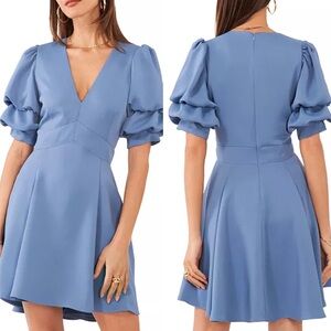 1. STATE V-Neck Tiered Bubble Puff Sleeve Fit and Flare Purple Mini Dress size S